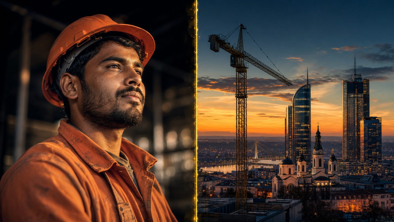 South Asian construction worker looking toward a European city skyline at golden hour — the Voynova mobility corridor